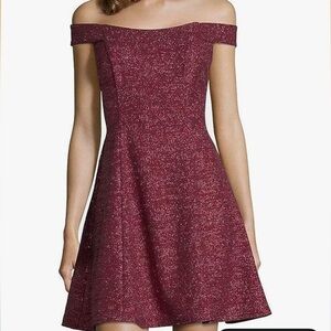 Betsy & Adam Glitter Off Shoulder Wine Dress